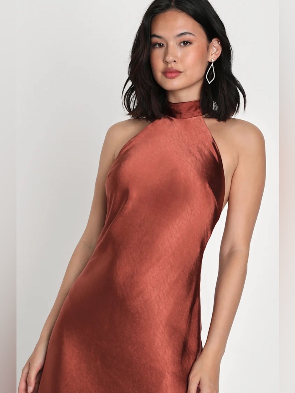 Lulus Love in Your Life Rust Brown Satin Halter Maxi Dress Open Back Gown S NWT - Picture 2 of 9